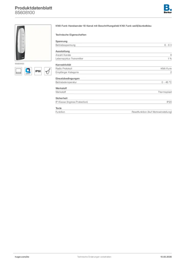 Bild Berker Produktdatenblatt 85608100 | Hager Deutschland