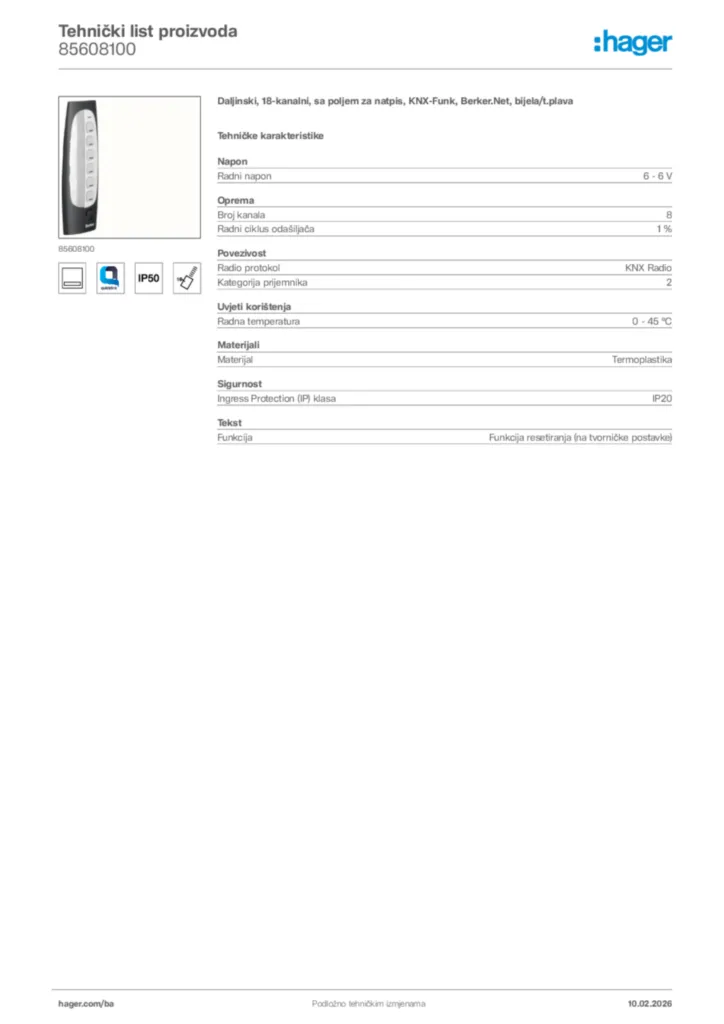 Slika Hager Tehnički list proizvoda 85608100  | Hager