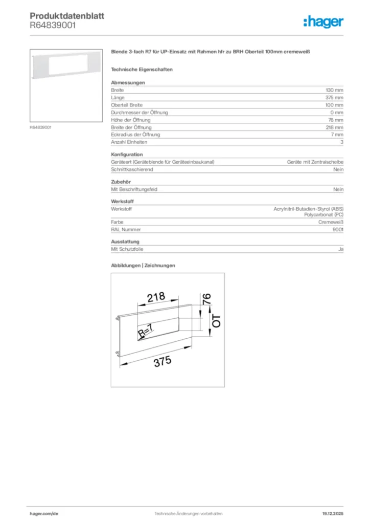 Bild Hager Produktdatenblatt R64839001 | Hager Deutschland