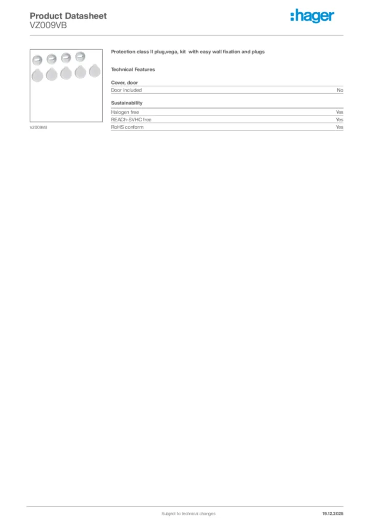 Image Hager Product data sheet VZ009VB  | Hager Africa