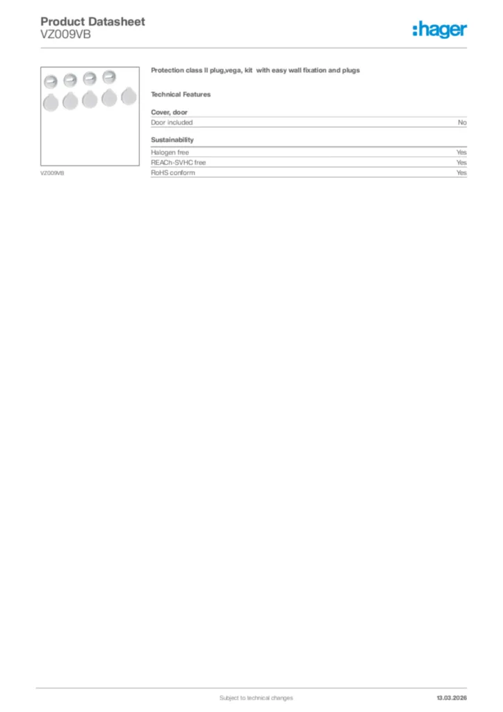 Image Hager Product data sheet VZ009VB  | Hager Africa