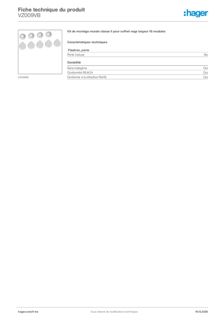 Image Hager Fiche technique du produit VZ009VB | Hager Belgique