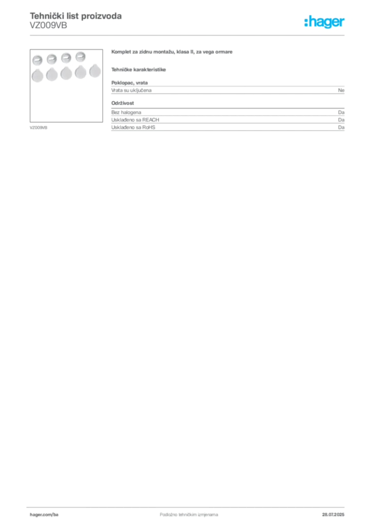 Slika Hager Product data sheet VZ009VB  | Hager