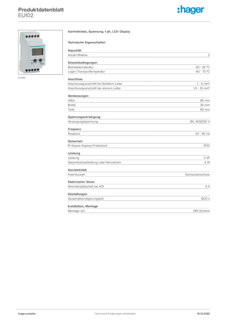 Bild Hager Produktdatenblatt EU102 | Hager Deutschland