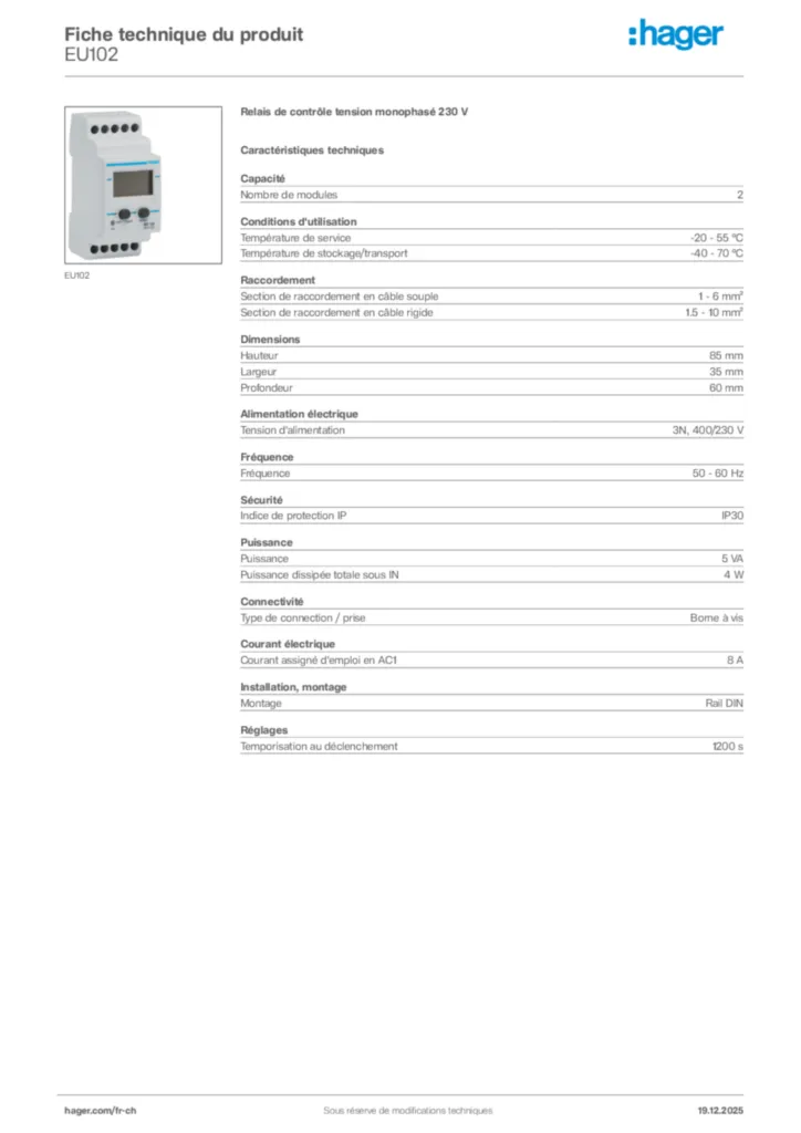 Image Hager Fiche technique du produit EU102 | Hager Suisse