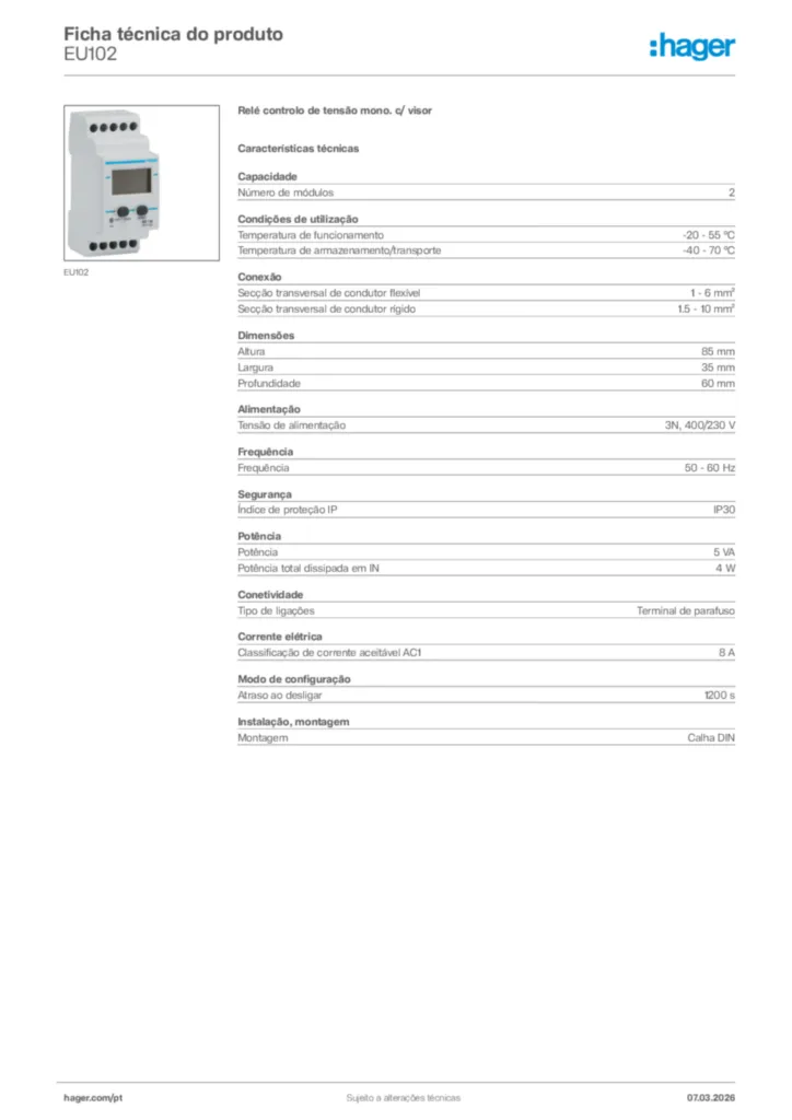 Imagem Hager Ficha técnica do produto EU102 | Hager Portugal