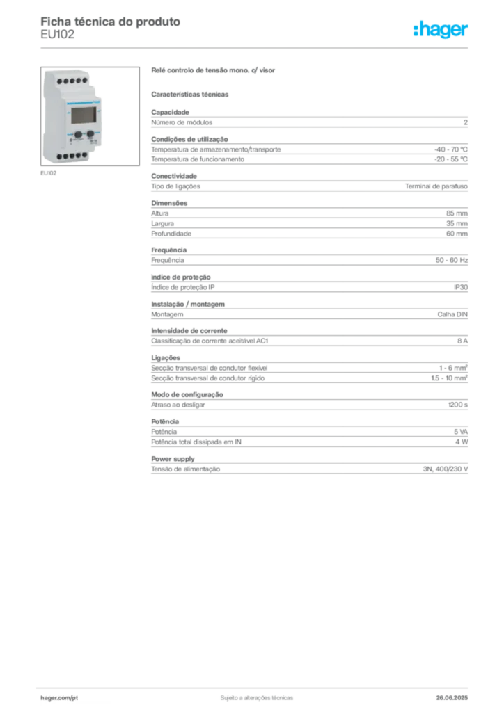 Imagem Hager Ficha técnica do produto EU102 | Hager Portugal