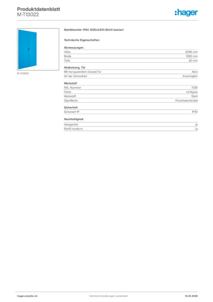 Bild Hager Produktdatenblatt M-T13022 | Hager Schweiz