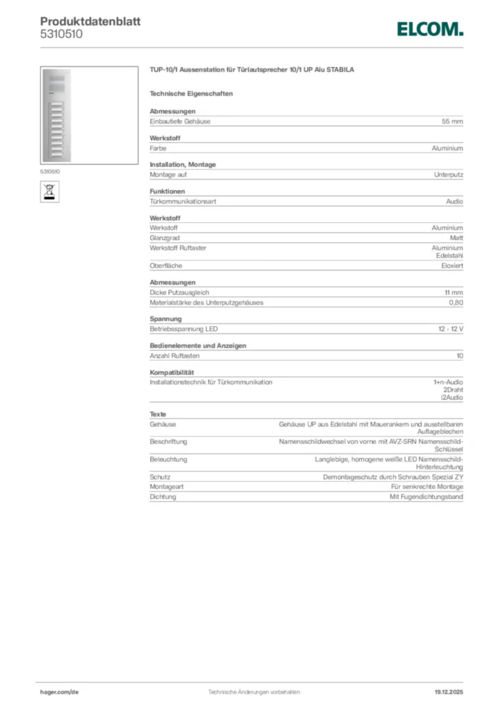 Bild Elcom Produktdatenblatt 5310510 | Hager Deutschland