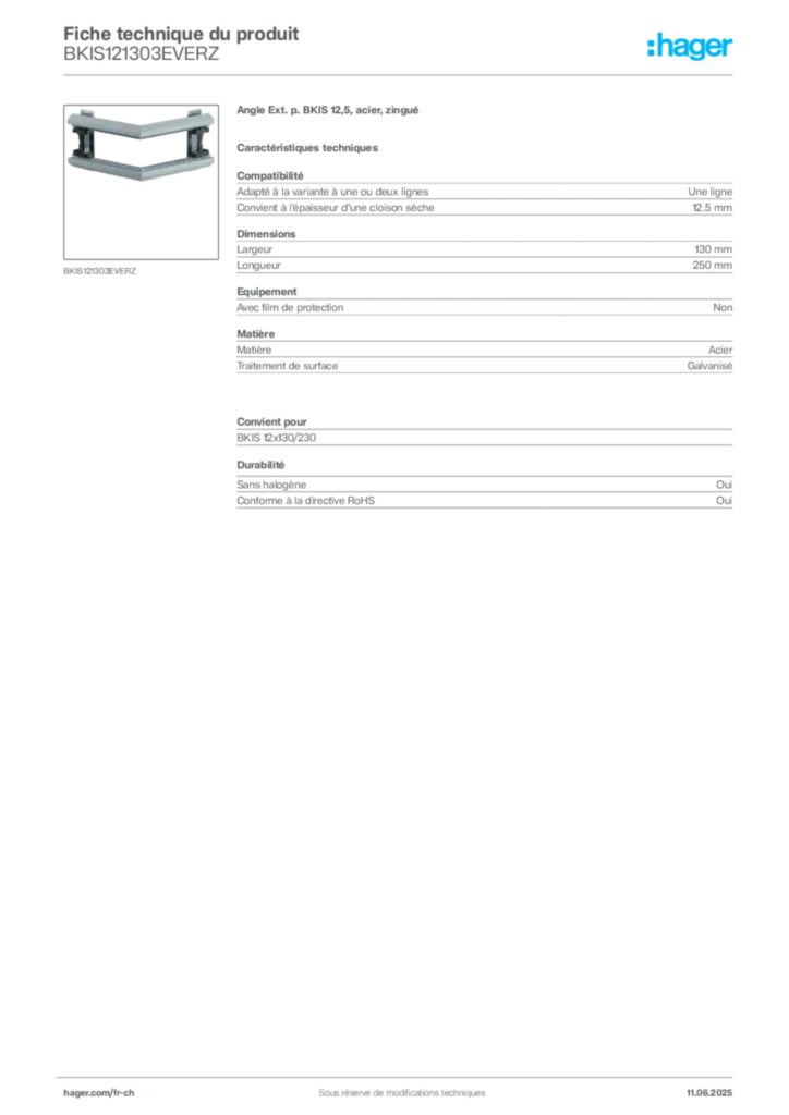 Image Hager Fiche technique du produit BKIS121303EVERZ | Hager Suisse