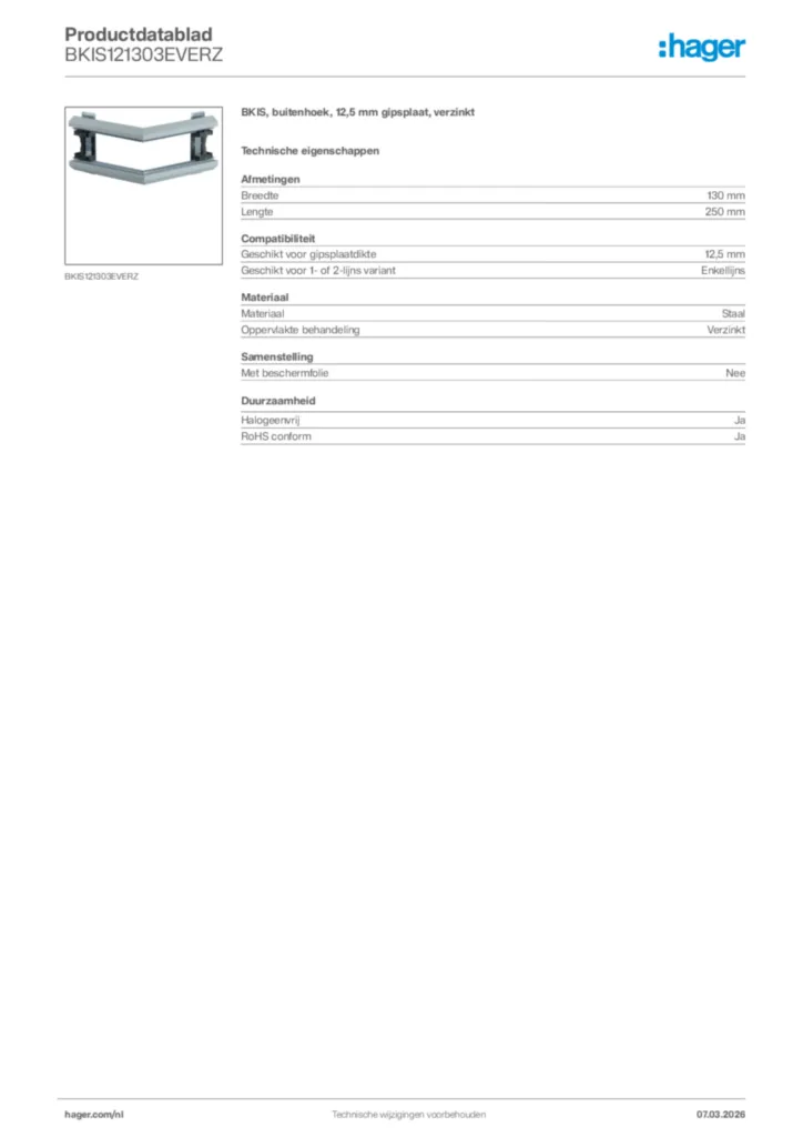 Afbeelding Hager Productdatablad BKIS121303EVERZ | Hager Nederland