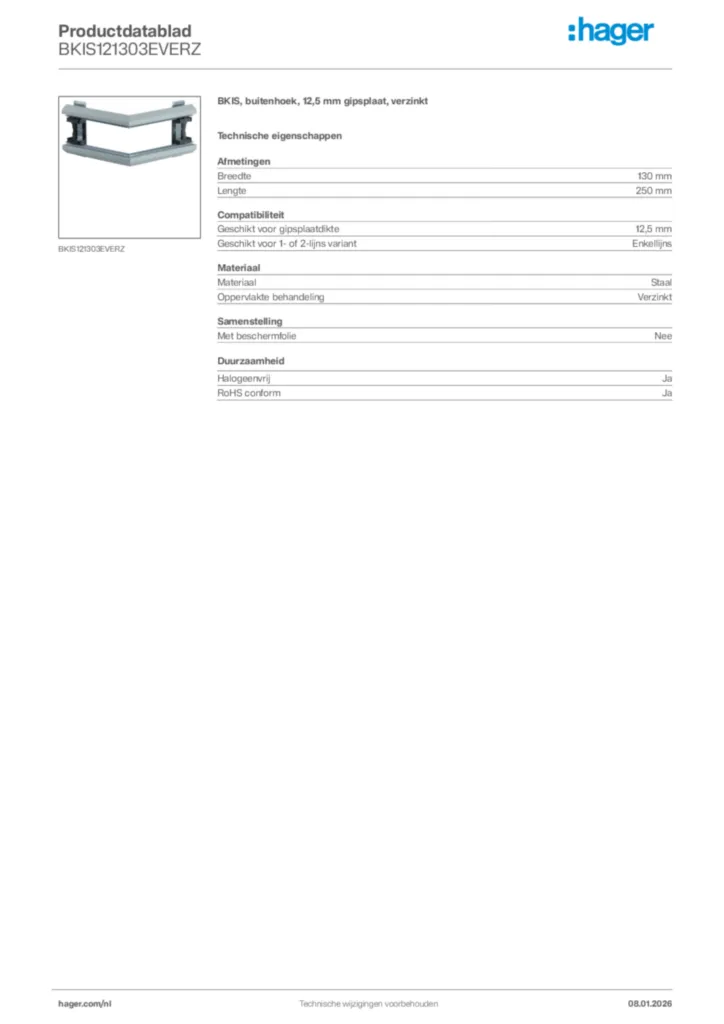 Afbeelding Hager Productdatablad BKIS121303EVERZ | Hager Nederland