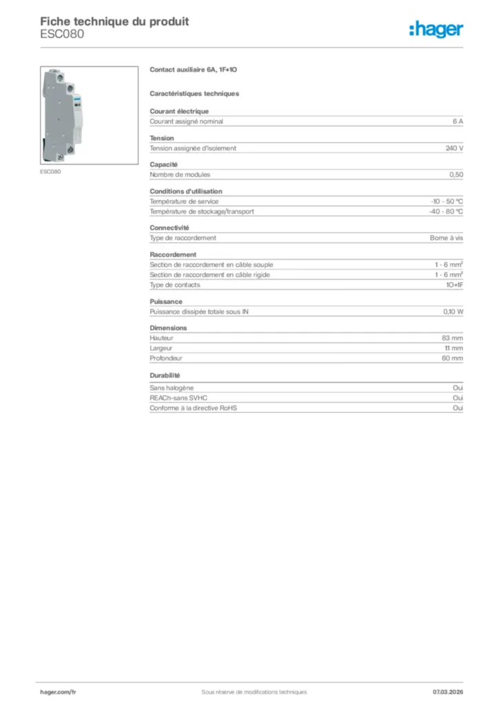 Image Hager Fiche technique du produit ESC080 | Hager France