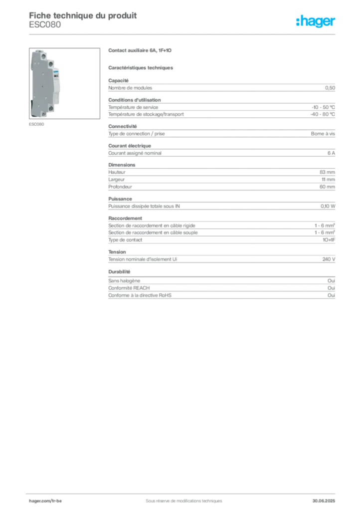 Image Hager Fiche technique du produit ESC080 | Hager Belgique