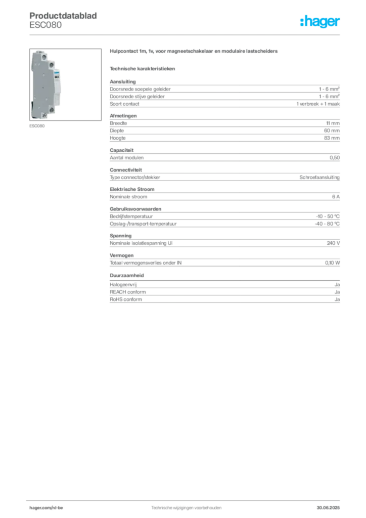 Afbeelding Hager Productdatablad ESC080 | Hager Belgium