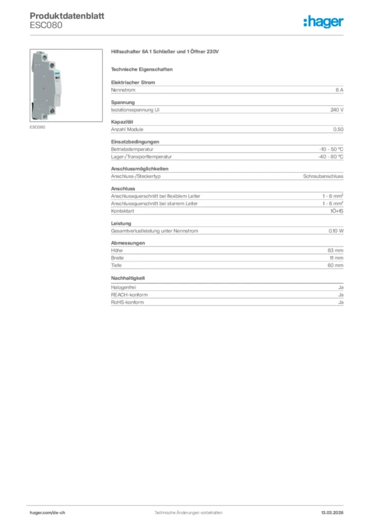 Bild Hager Produktdatenblatt ESC080 | Hager Schweiz