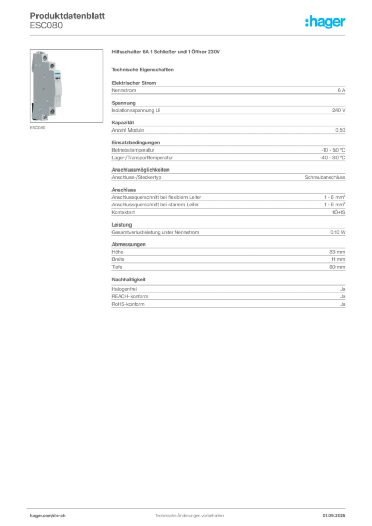 Bild Hager Produktdatenblatt ESC080 | Hager Schweiz