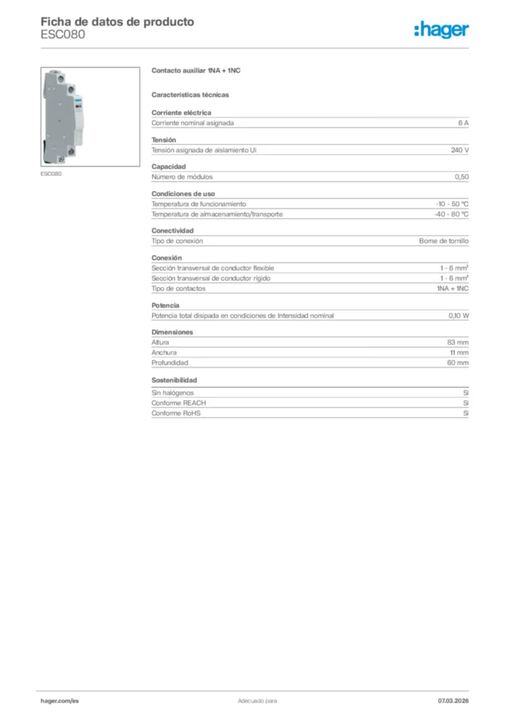 Imagen Hager Ficha de datos de producto ESC080 | Hager España