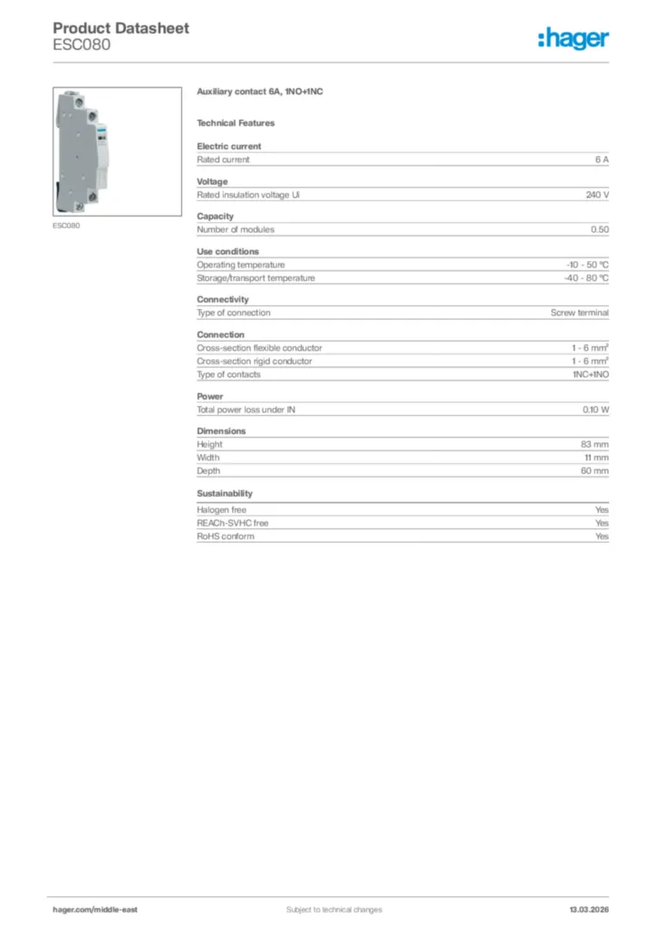 Image Hager Product data sheet ESC080  | Hager