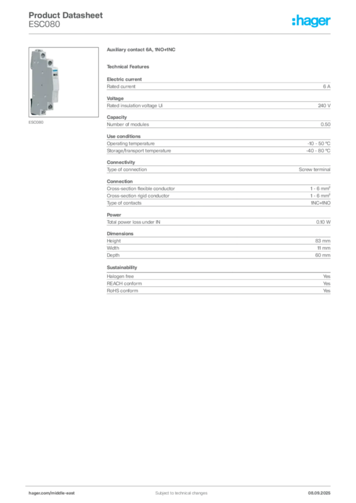 Image Hager Product data sheet ESC080  | Hager