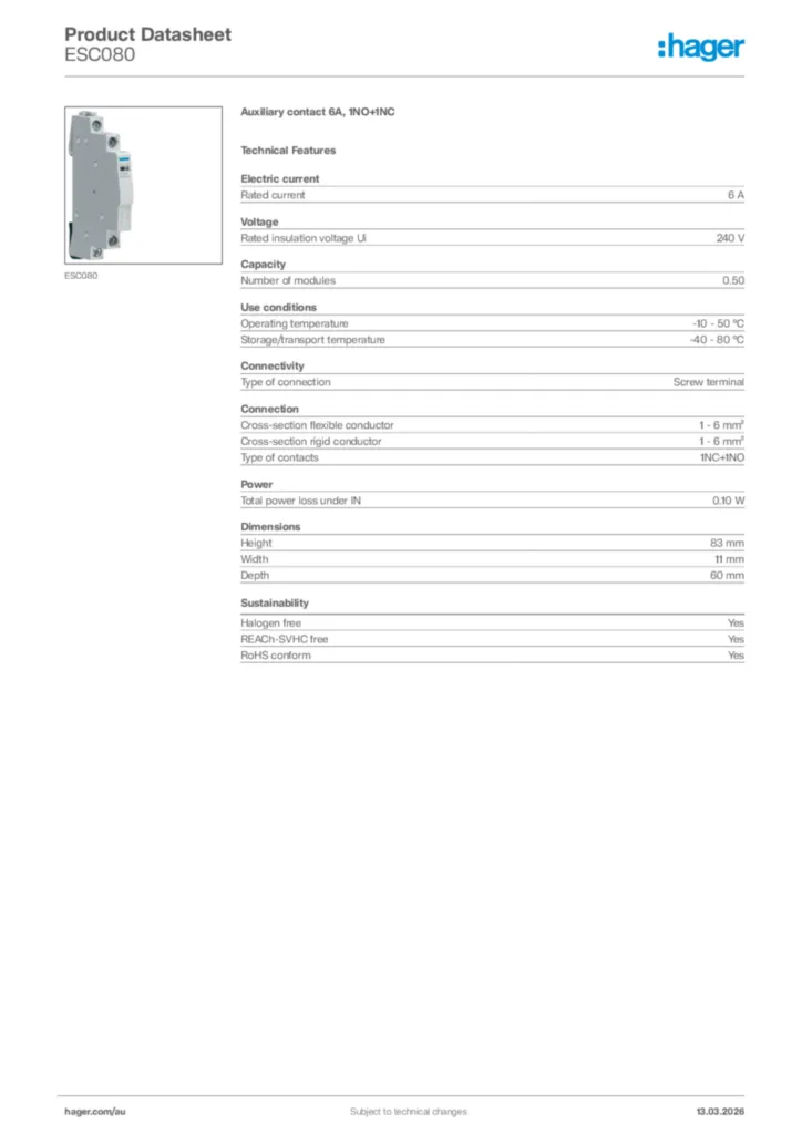 Image Hager Product data sheet ESC080  | Hager Australia