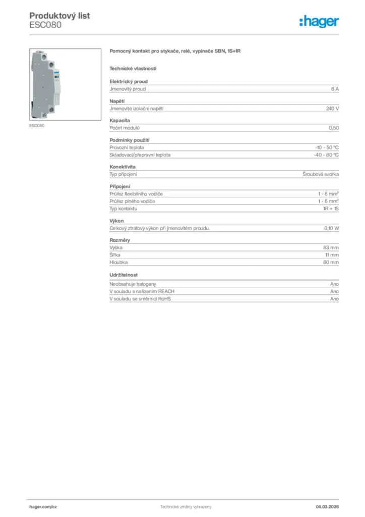 Obrázek Hager Product data sheet ESC080 | Hager
