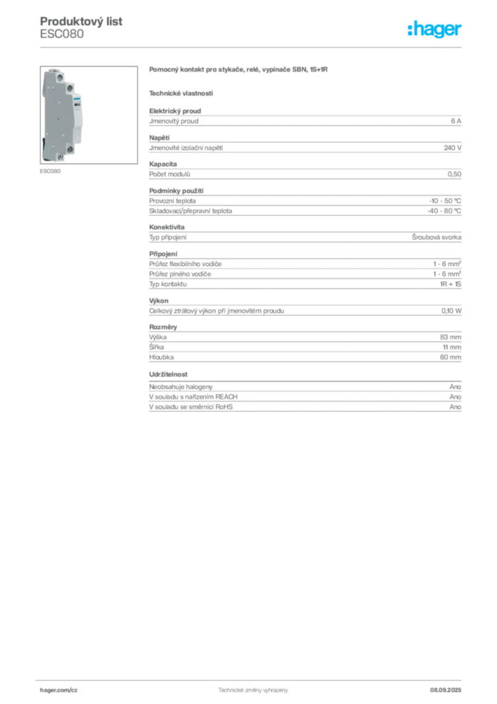 Obrázek Hager Produktový list ESC080 | Hager