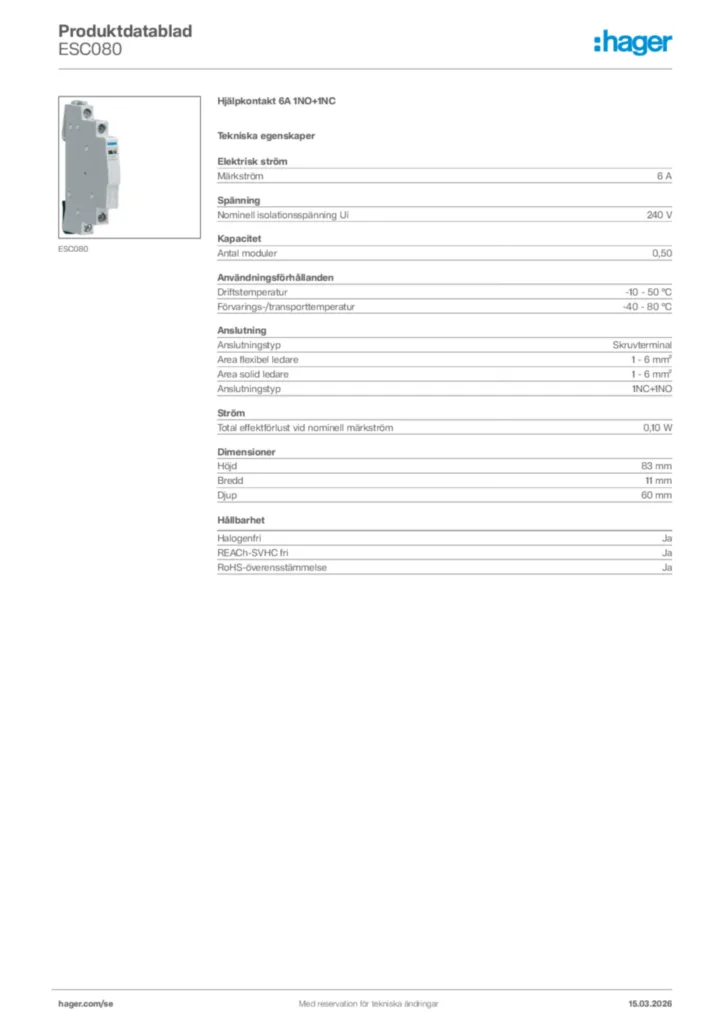 Bild Hager Produktdatablad ESC080 | Hager Sverige