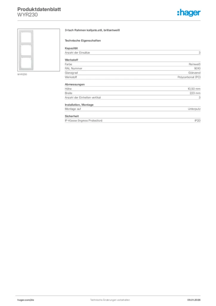 Bild Hager Produktdatenblatt WYR230 | Hager Deutschland