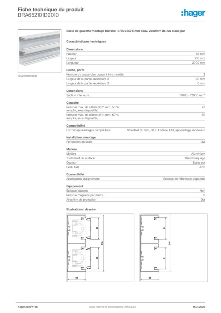 Image Hager Fiche technique du produit BRA652101D9010 | Hager Suisse