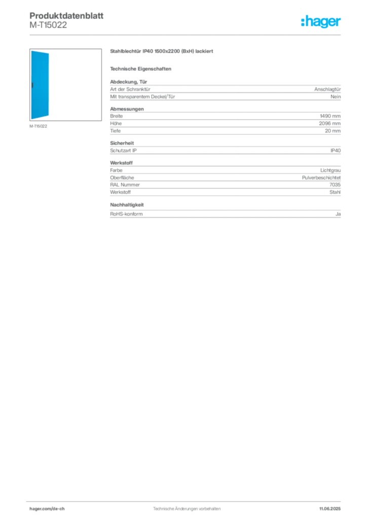 Bild Hager Produktdatenblatt M-T15022 | Hager Schweiz
