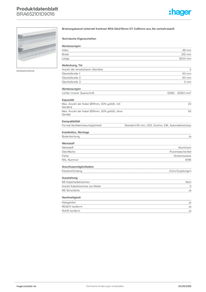 Bild Hager Produktdatenblatt BRA652101D9016 | Hager Schweiz