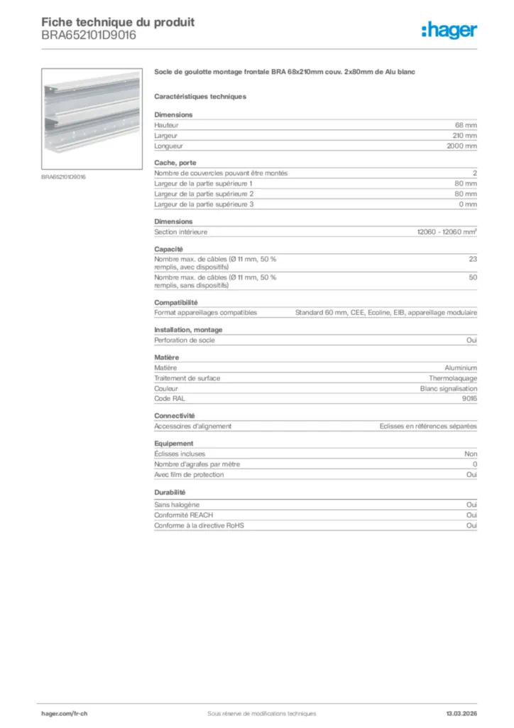 Image Hager Fiche technique du produit BRA652101D9016 | Hager Suisse