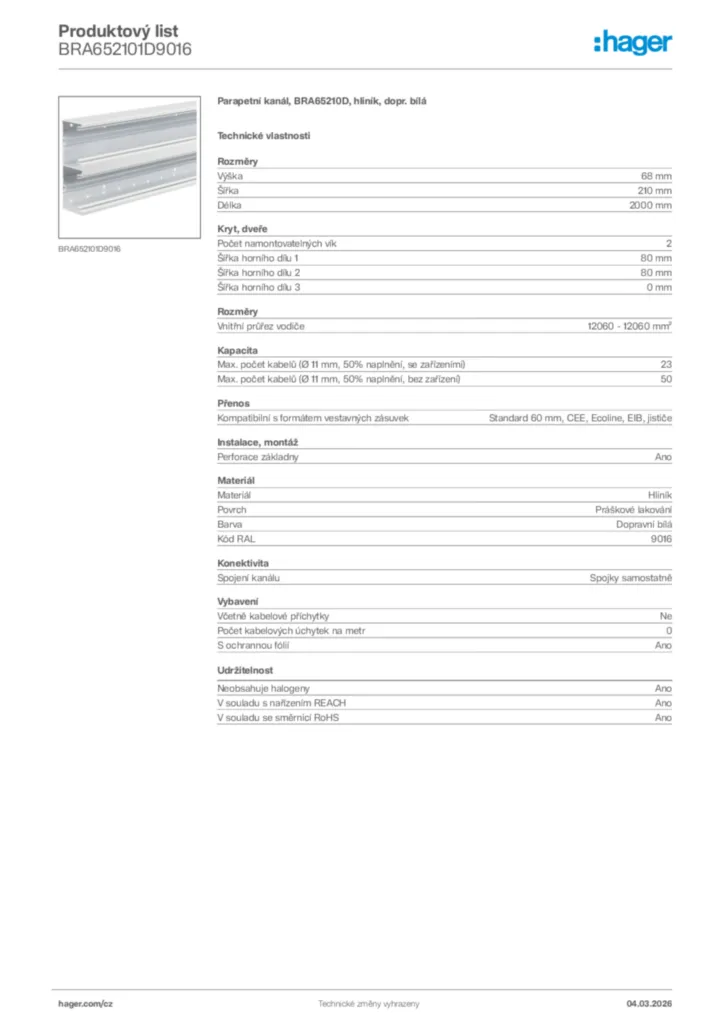 Obrázek Hager Product data sheet BRA652101D9016 | Hager