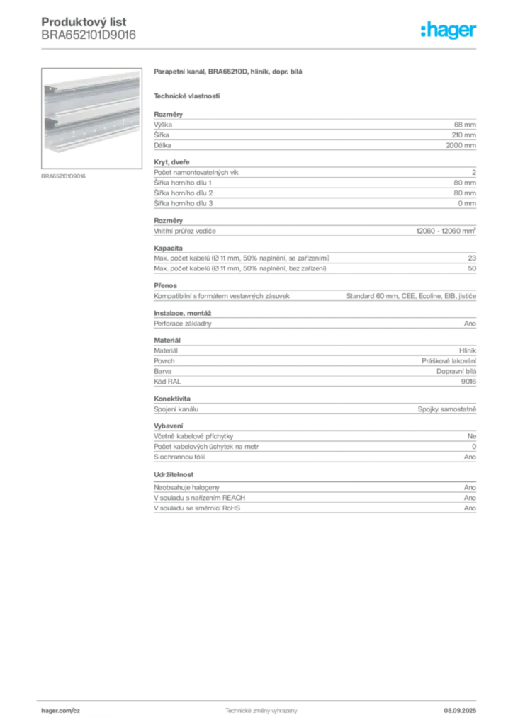 Obrázek Hager Produktový list BRA652101D9016 | Hager