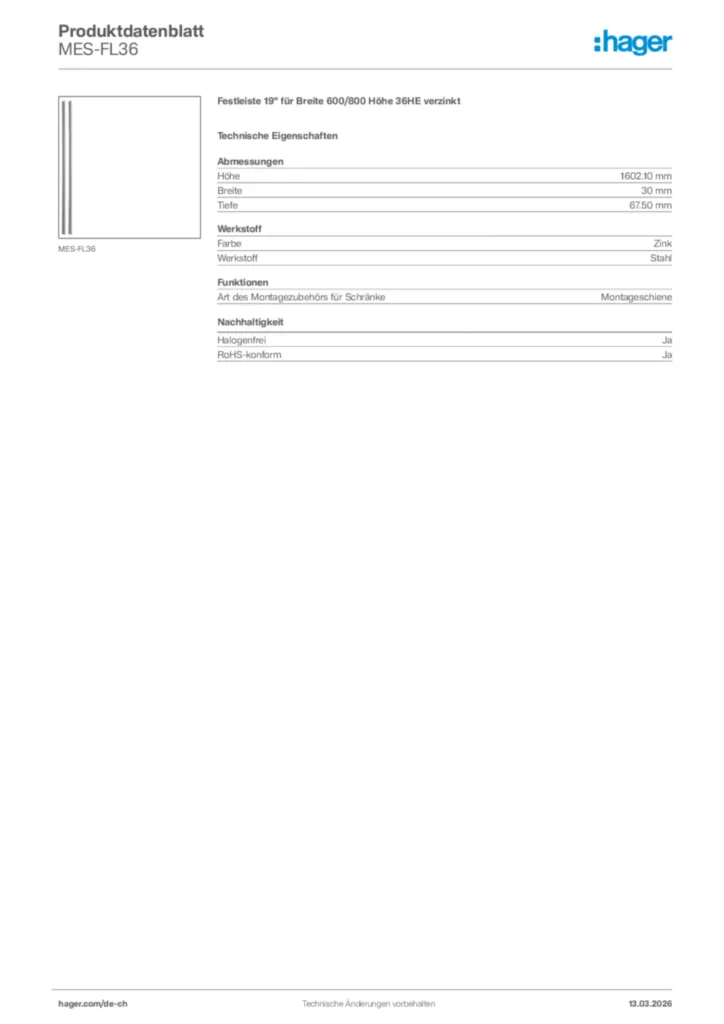 Bild Hager Produktdatenblatt MES-FL36 | Hager Schweiz