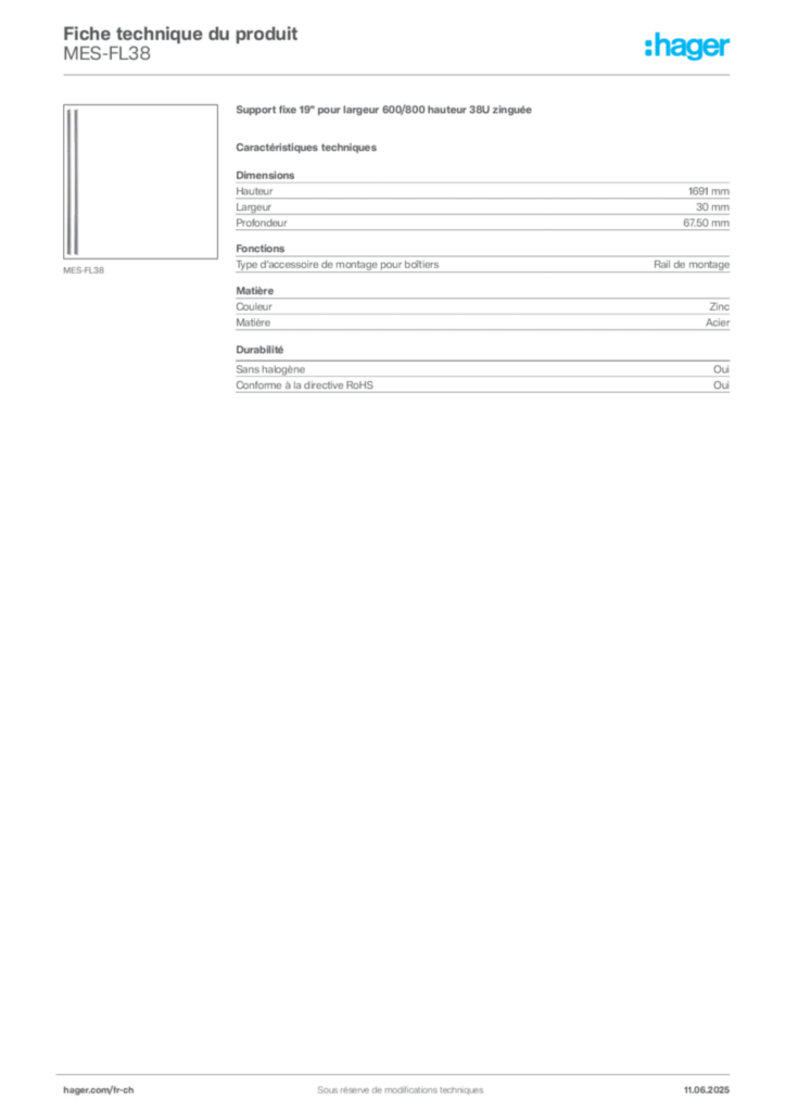 Image Hager Fiche technique du produit MES-FL38 | Hager Suisse