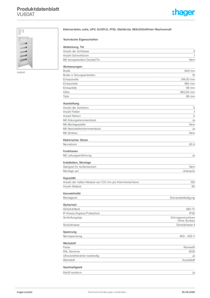 Bild Hager Produktdatenblatt VU60AT | Hager Deutschland