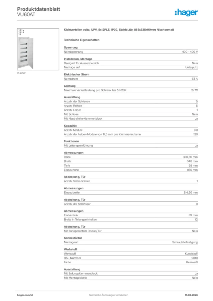 Bild Hager Produktdatenblatt VU60AT | Hager Deutschland