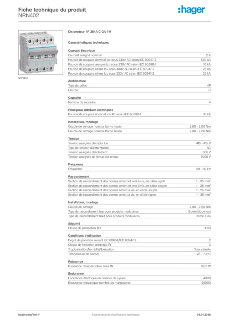 Image Hager Fiche technique du produit NRN402 | Hager Afrique