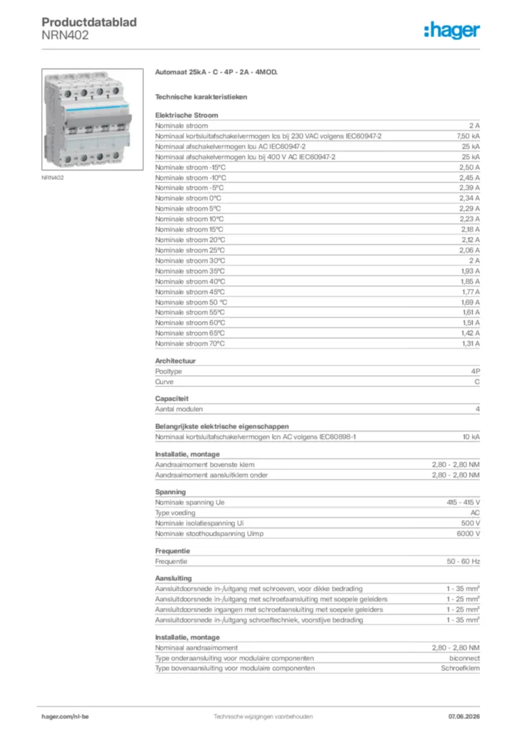 Afbeelding Hager Productdatablad NRN402 | Hager Belgium
