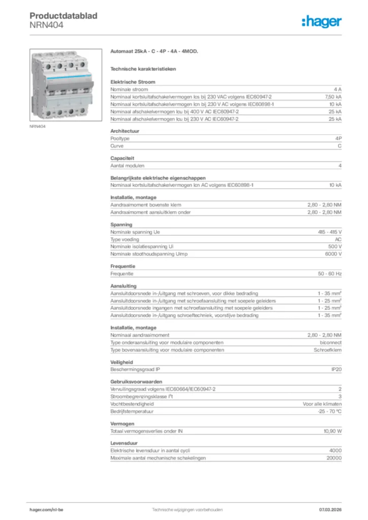 Afbeelding Hager Productdatablad NRN404 | Hager Belgium