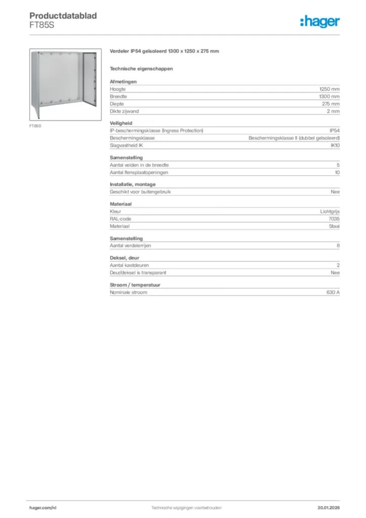 Afbeelding Hager Productdatablad FT85S | Hager Nederland