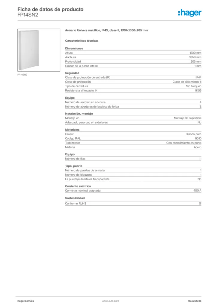 Imagen Hager Ficha de datos de producto FP14SN2 | Hager España