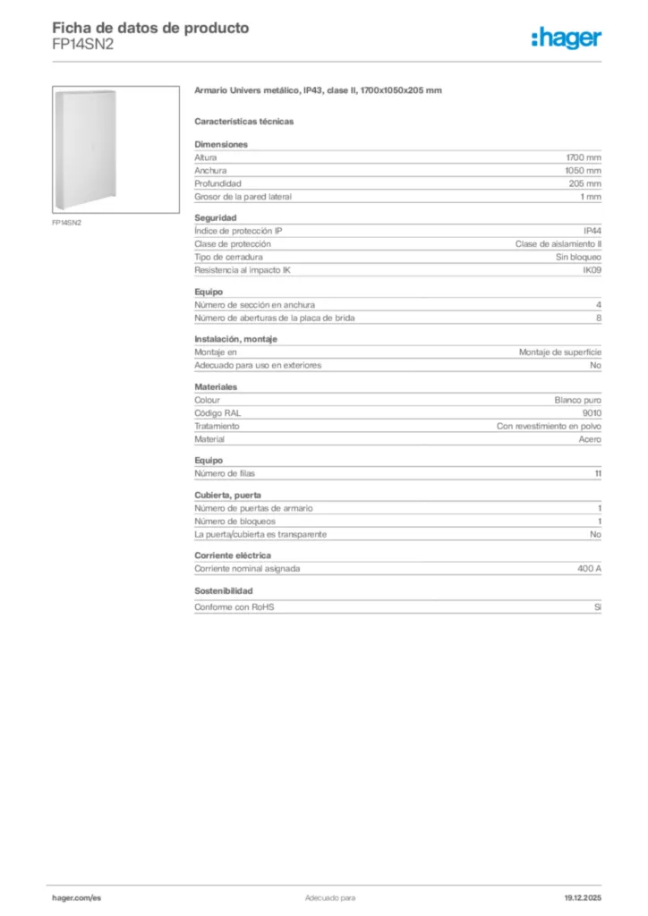 Imagen Hager Ficha de datos de producto FP14SN2 | Hager España