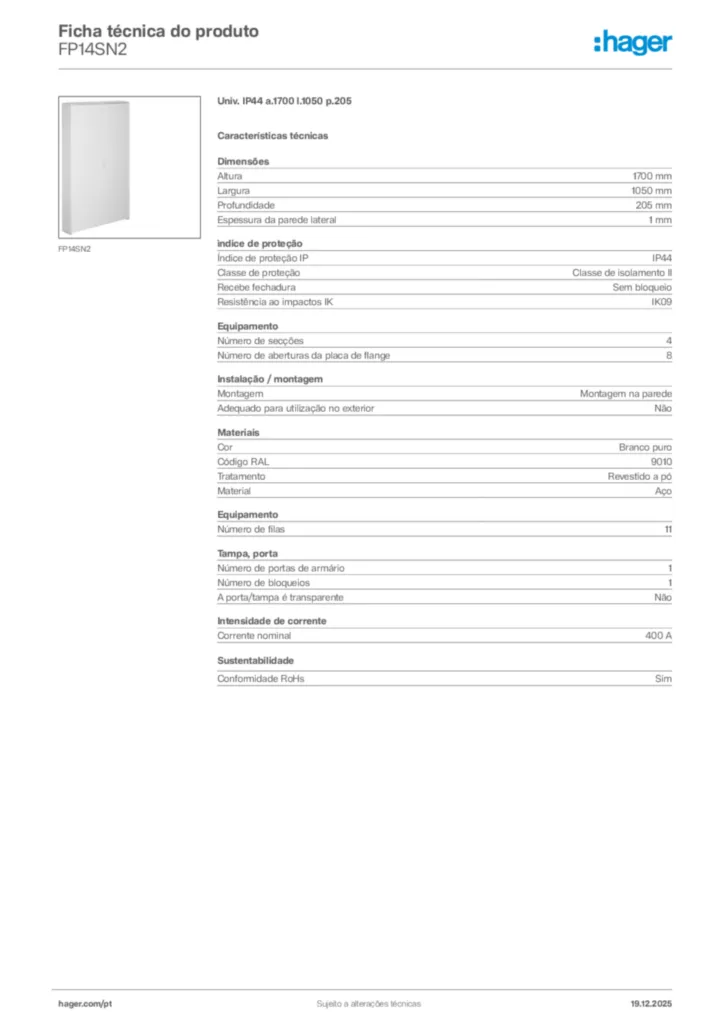 Imagem Hager Ficha técnica do produto FP14SN2 | Hager Portugal