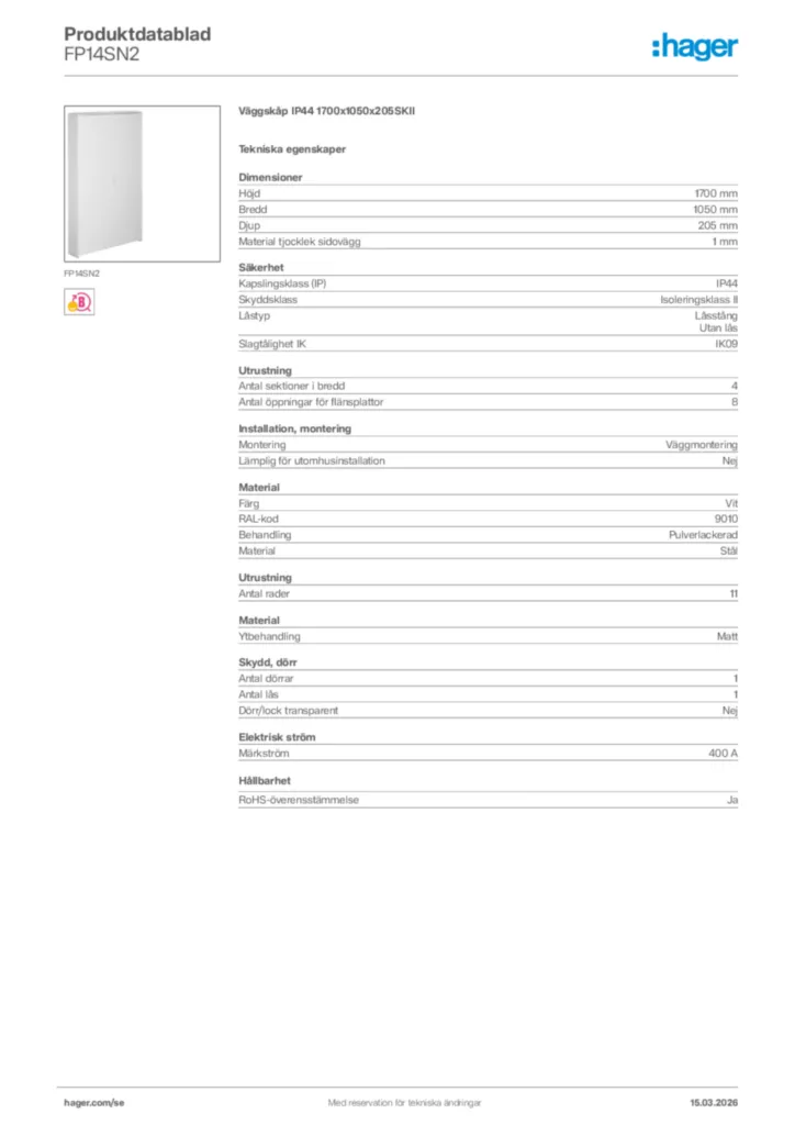 Bild Hager Produktdatablad FP14SN2 | Hager Sverige