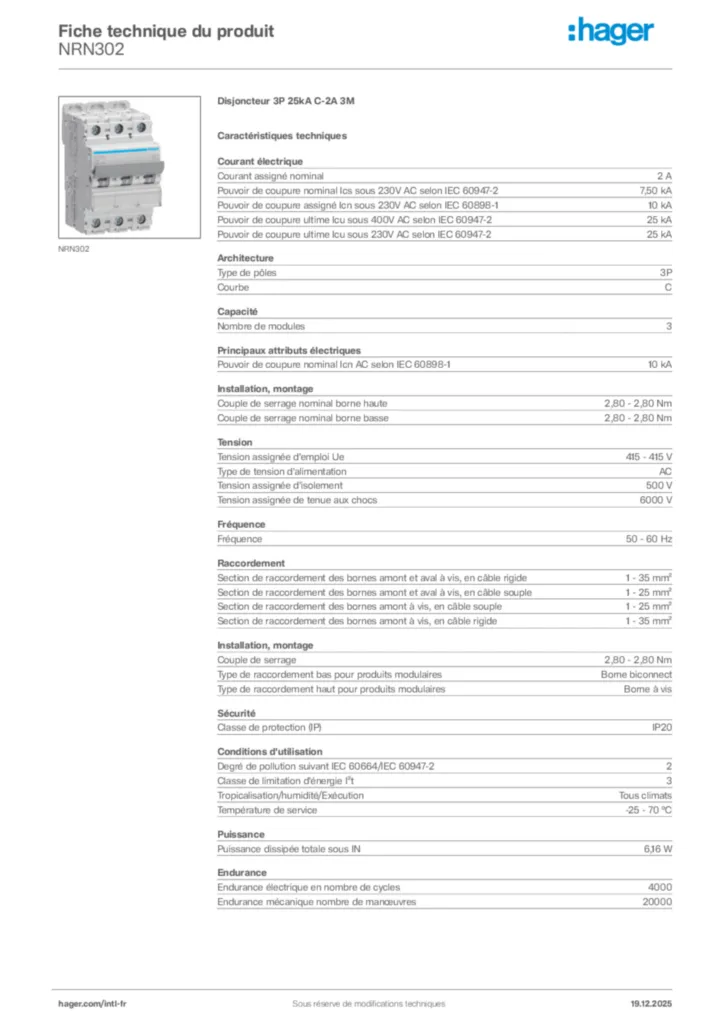 Image Hager Fiche technique du produit NRN302 | Hager Afrique