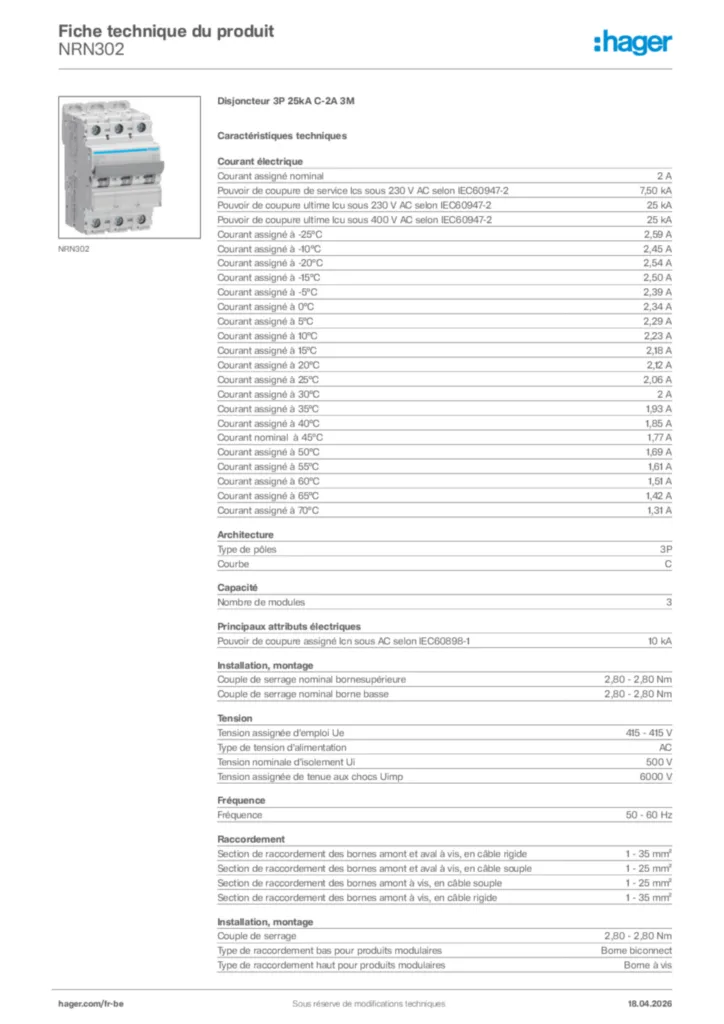 Image Hager Fiche technique du produit NRN302 | Hager Belgique