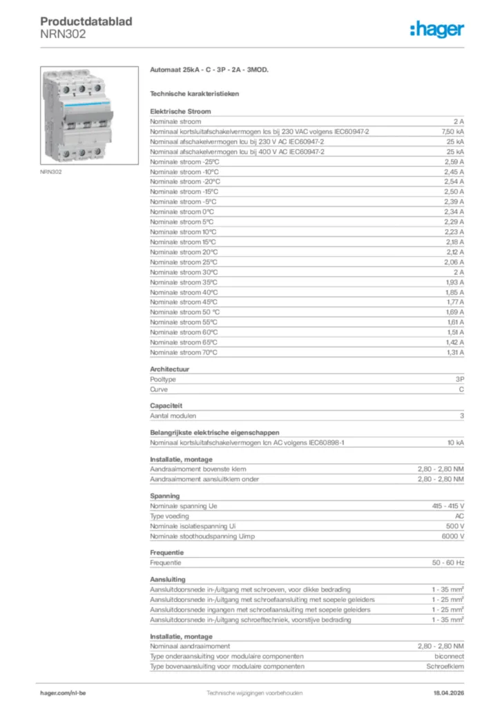 Afbeelding Hager Productdatablad NRN302 | Hager Belgium